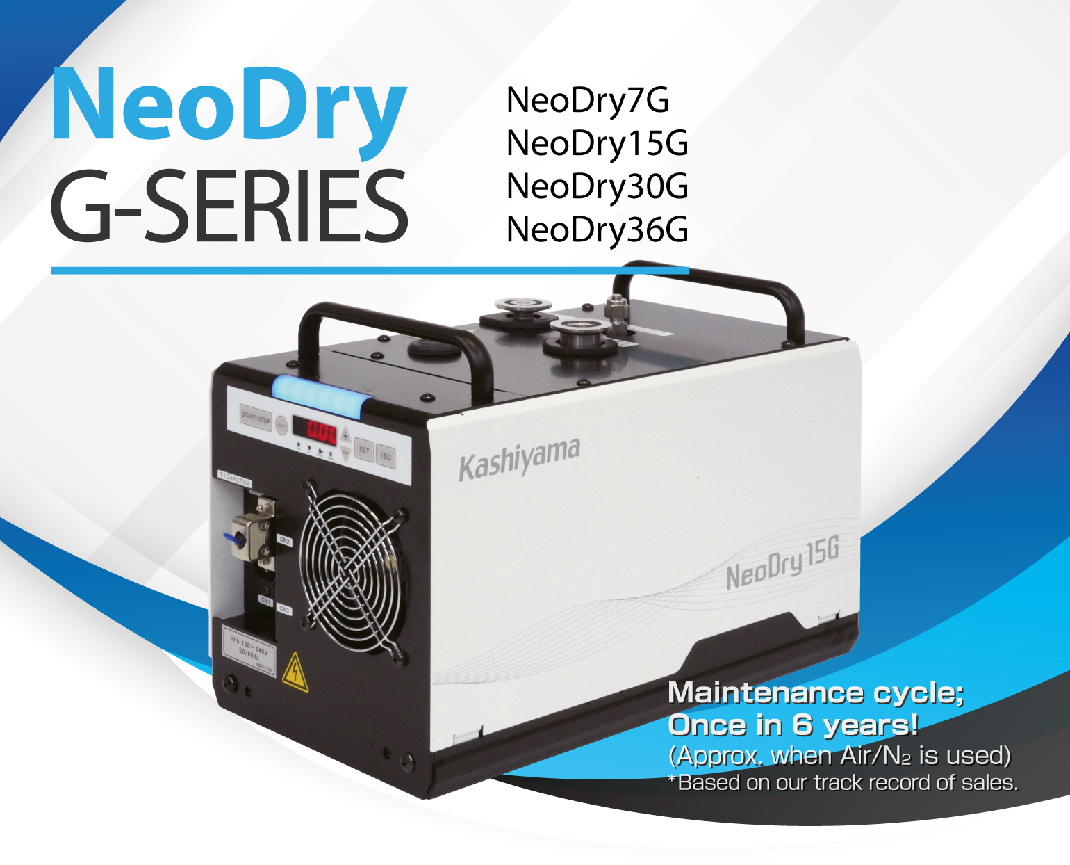 Maintenance cycle; Once in 3 years!(Approx. when Air/N2 is used) No Tip-seal replacement, No Performance deterioration, No Particles! No Oil smoke, No chamber contamination! Hassle free to replace rotary/scroll pumps! Condensation-prone gas, like water vapor or solvent, available! By virtue of inverter, frequency does not affect to performance! Low noise, low vibration!