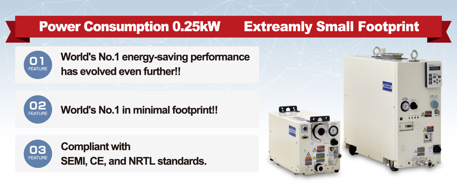 Power Consumption 0.35kW. Extreamly Small Footprint. Roots dry pump achieved smallest energy consumption & footprint in the category. Applicable 02 for various tools. Best for clean pumping such as L/L and transfer chamber, etc.